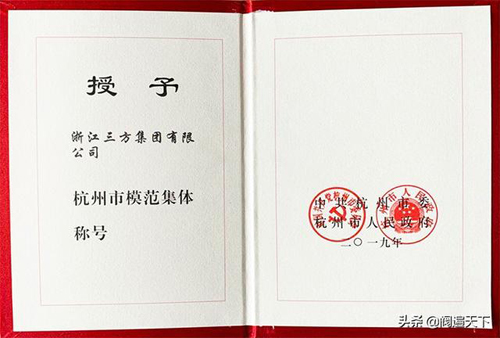 浙江三方控制閥股份喜獲“2019年杭州市模范集體” 光榮稱號 浙江三方控制閥股份喜獲“2019年杭州市模范集體” 光榮稱號