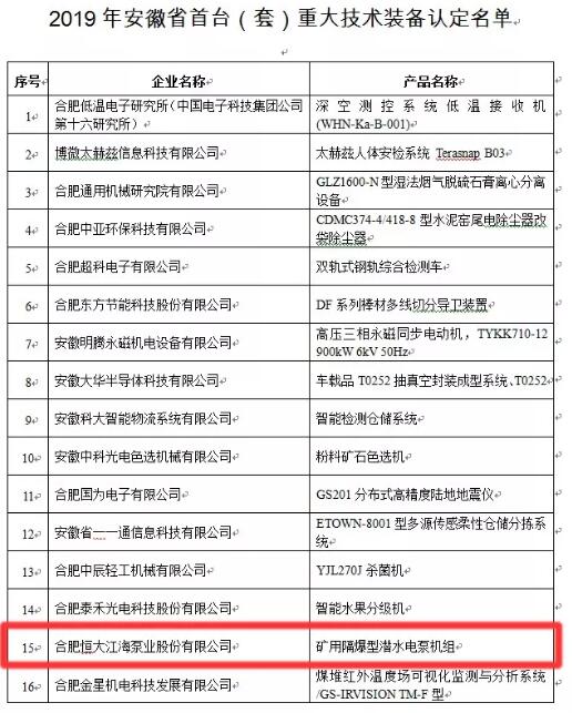 合肥恒大江海泵業(yè)產(chǎn)品入選安徽省首臺(套)重大技術(shù)裝備認(rèn)定 合肥恒大江海泵業(yè)產(chǎn)品入選安徽省首臺(套)重大技術(shù)裝備認(rèn)定