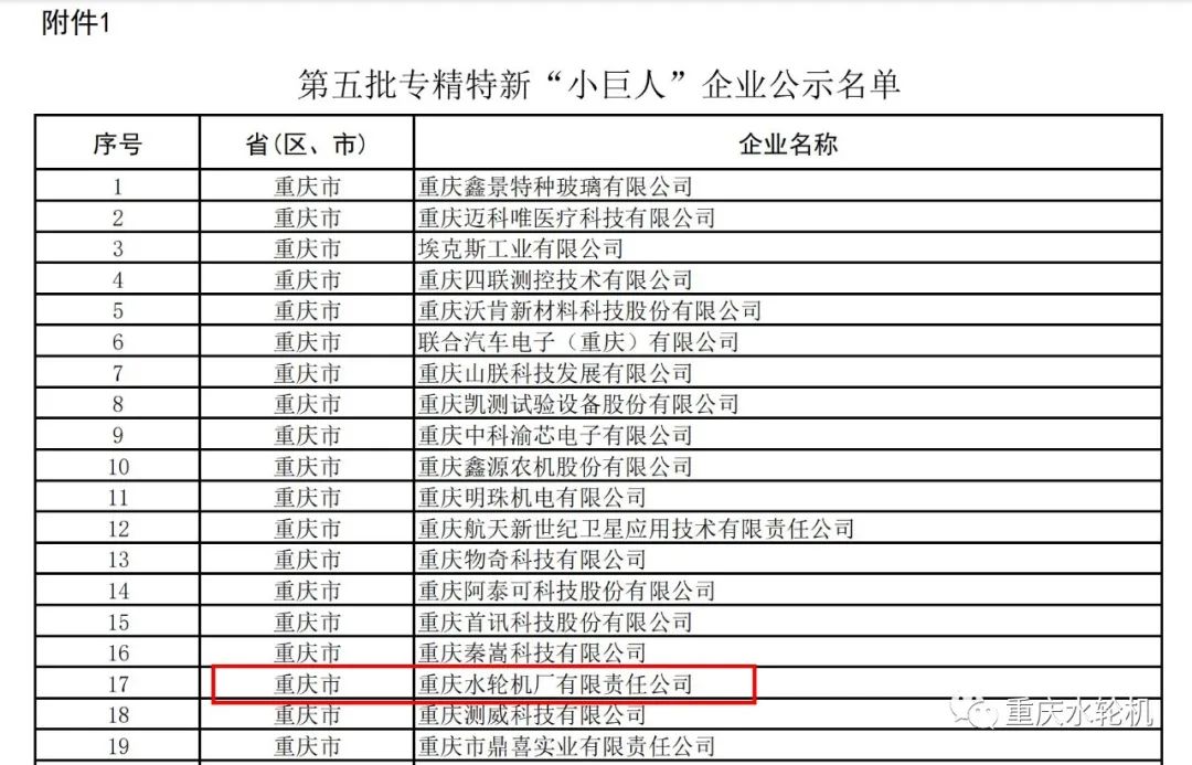 重慶水輪機(jī)公司獲評國家專精特新“小巨人”企業(yè) 重慶水輪機(jī)公司獲評國家專精特新“小巨人”企業(yè)
