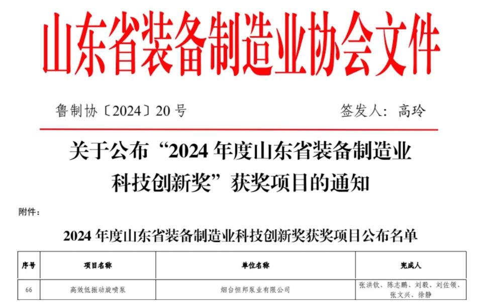 恒邦泵業(yè)旋噴泵產(chǎn)品榮獲山東省裝備制造業(yè)科技創(chuàng)新二等獎 恒邦泵業(yè)旋噴泵產(chǎn)品榮獲山東省裝備制造業(yè)科技創(chuàng)新二等獎