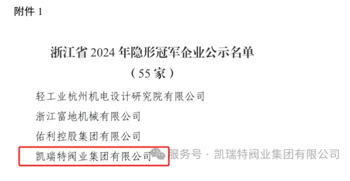 凱瑞特閥業(yè)上榜2024年浙江省“隱形冠軍”企業(yè) 凱瑞特閥業(yè)上榜2024年浙江省“隱形冠軍”企業(yè)