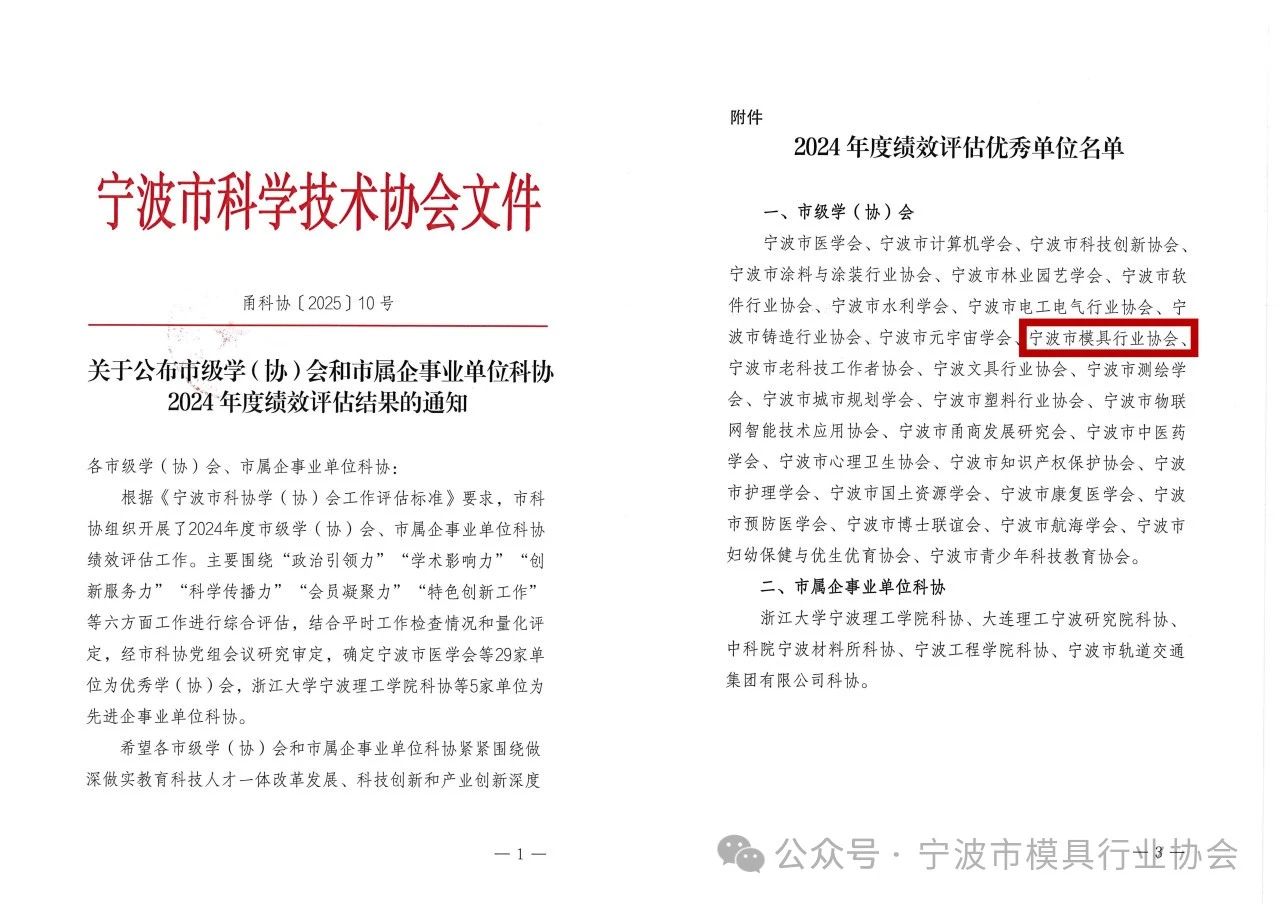 寧波模協(xié)獲評(píng)“2024年度績效評(píng)估優(yōu)秀單位” 寧波模協(xié)獲評(píng)“2024年度績效評(píng)估優(yōu)秀單位”