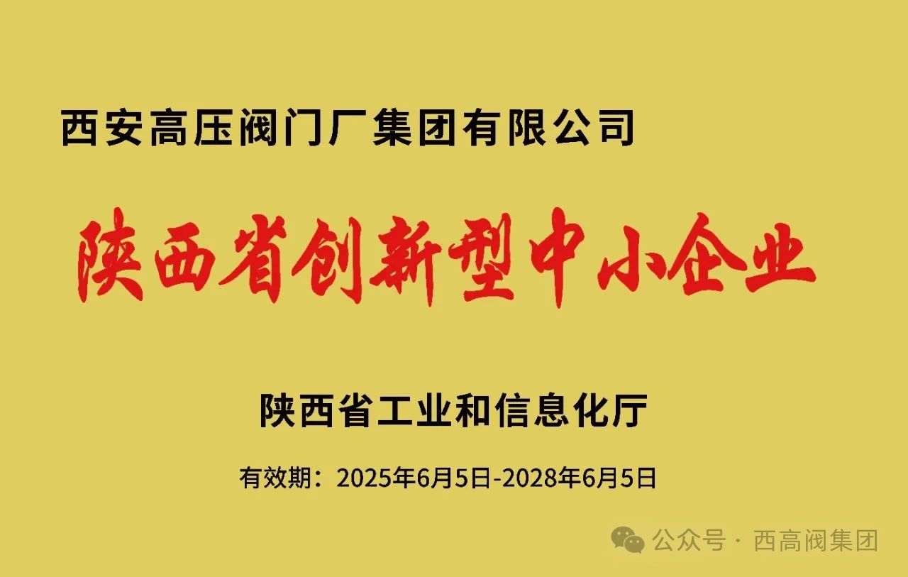 西高閥集團榮獲2025年陜西省“創(chuàng)新型中小企業(yè)”稱號 西高閥集團榮獲2025年陜西省“創(chuàng)新型中小企業(yè)”稱號
